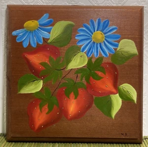 Placa de madera de flores azules fresas pintadas a mano de colección decoración de pared 9,5x9,5" - Imagen 1 de 6