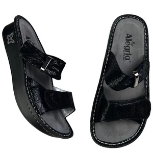 Alegria KARMEN Metallic Fun Leather Mosaic Wedge Sandals 36 / US 6 Black - Picture 1 of 9