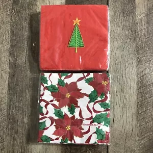 Christmas 40 Total Beverage Paper Napkins Poinsettia Christmas Tree New Sealed - Picture 1 of 7