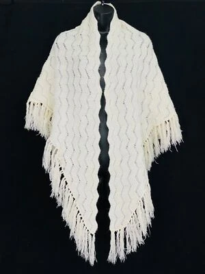 Vintage white fringed shawl, chevron knit boho wedding wrap soft lightweight - Image 1 of 4
