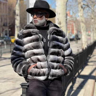Mens Winter Fashion Real Rex Rabbit Fur Coat Nature Fur Chinchilla Bomber Jacket - Image 1 of 4