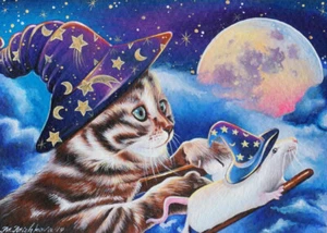 Limited Edition ACEO PRINT Halloween Cat Mouse Witch Full Moon Broom M. Mishkova - Picture 1 of 1