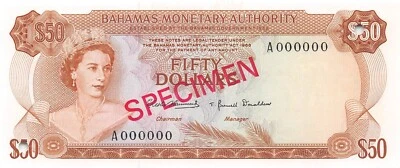 Bahamas  $50   Act. 1968  P 32s  Series  A  Uncirculated Banknote QZ13 - Image 1 of 2