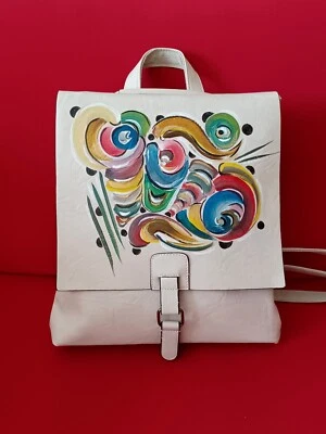 After Robert Delaunay, Abstract Handpainted Light Grey Backpack/Shoulder Bag  - Image 1 of 4