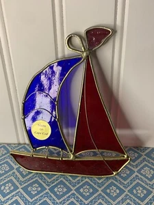 Stained Glass Sailboat Suncatcher Made on Cape Cod Red Blue Gold Nautical - Picture 1 of 4