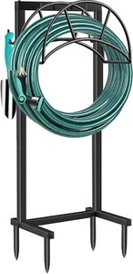 Wasserschlauchhalter 4 Spikes Gartenschlauchtrommel robuster Ständer mit Werkzeughaken Hof schwarz - Bild 1 von 7