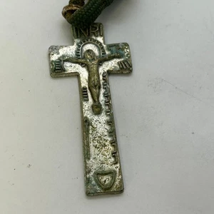Old Vintage Tarnished Brass 2 in. Crucifix on Green Cord w Beads Patina INRI - Picture 1 of 5
