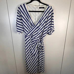 NWT Lauren Ralph Lauren Womens 12 Rich Hue Blue Striped Faux Wrap Dress Elegant - Picture 1 of 7