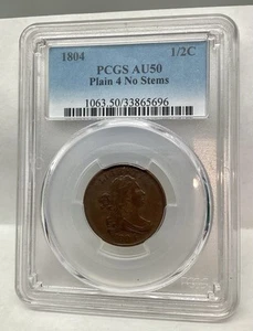1804 Draped Bust Half Cent Plain 4 No Stems PCGS AU50 - Picture 1 of 4