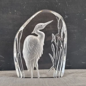 Wedgwood Crystal Glass Heron In Reeds Paperweight Signed - Picture 1 of 6