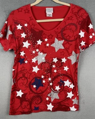 Women’s Morning Sun Patriotic Stars Red White Blue American 4th Of July Shirt - Image 1 of 4