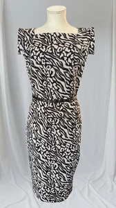 Single Dress Beige Black Animal Print Belted Sheath New Womens Size 6 - Picture 1 of 6