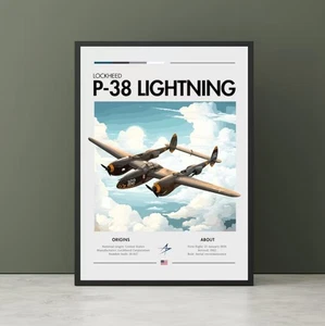 Vintage Lockheed P-38 Lightning Bomber Print - WWII Aviation Art, - Picture 1 of 3