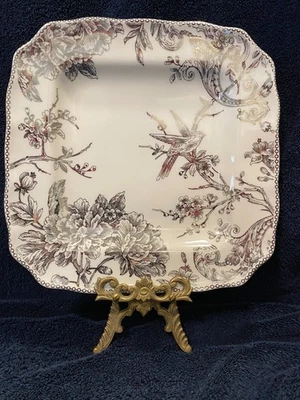 SET OF 9-222 FIFTH ADELAIDE SILVER White Floral  Bird 11" Square Dinner Plates - Image 1 of 4