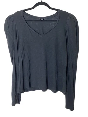 Express Black V-Neck Top XL Puff Sleeve Long Sleeve Modal Cotton Sheer Layer - Image 1 of 4