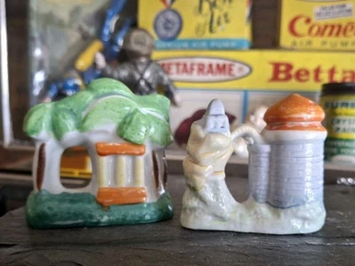 Lote de 2 peceras antiguas vintage de acuario pequeñas palmeras de cerámica y castillo de cúpula naranja Foto 1 de 4