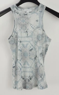 New Topshop Women's Size 6 Blue Tie Dye Geometric Semi-Sheer Crew Tank Top - Image 1 of 4