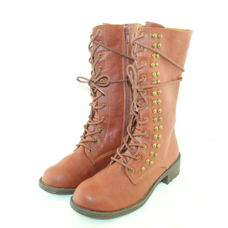 QUPID women's combat boots shoes size 7 M brown faux leather mid calf side zip - Image 1 of 4