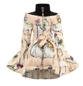 Children's Lining Coat Stand Collar Printed Waist Bow Zipper Winter Kid Overcoat - Picture 1 of 16