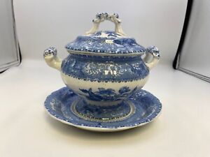 Vintage Copeland Spode CAMILLA Blue Round Sauce Boat with Lid and Underplate A
