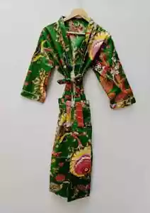 Indian Green Floral Print Cotton Robes Long Kimono Sleepwear Night Kimono Robes - Afbeelding 1 van 7