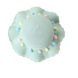Girls Cute Straw Hat Wide Brim Sun Hat Pompom Beach Cap with Pocket Bag Summer - Picture 1 of 10