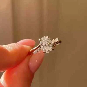 3Ct Oval Cut Real Moissanite Women's Halo Engagement Ring 14K Yellow Gold Plated - Picture 1 of 17
