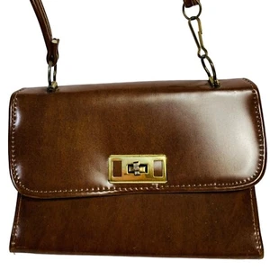 60s Brown Retro Flap Crossbody Patent Handbag Adjustable Strap Purse Organizer - Picture 1 of 20