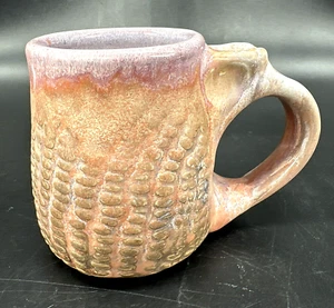 Art Pottery Signed Ned Sloane Mug Handmade Texture Thumb Rest Pink Purple EUC - Picture 1 of 8
