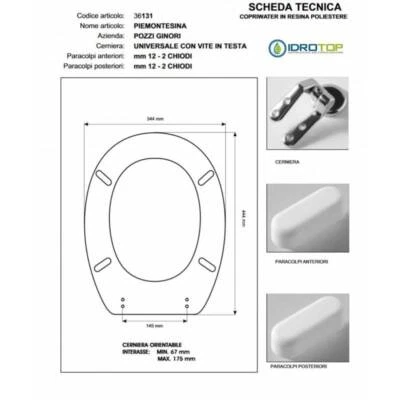 Copriwater Pozzi Ginori PIEMONTE-PIEMONTESINA NERO  Cerniera Cromo-Sedile-Asse - Immagine 1 di 2