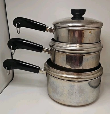 3 REVERE Ware 1  1.5  2- QT Quart Sauce Pan  Disc Bottom w/Lid Clinton IL 95h - Image 1 of 4