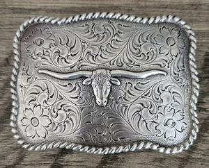 NOCONA BUCKLES silver-tone LONGHORN BELT BUCKLE scroll work 3-3/4" x 2-3/4" - Picture 1 of 2