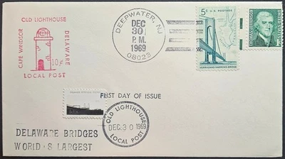 Old Lighthouse Local Post 10c Handstamp + Bridge Stamp Deepwater NJ 1969 Salem - Image 1 of 2
