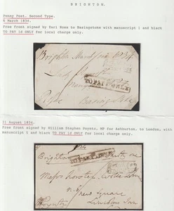 1834 2 x BRIGHTON PENNY POST FRONTS TO PAY 1d ONLY TO LONDON & BASINGSTOKE HANTS - Picture 1 of 1