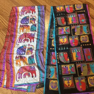 LAUREL BURCH 100% Silk Scarf • Cats/Faces Vintage - Lot Of 2 - Approx 11x52 - Picture 1 of 7