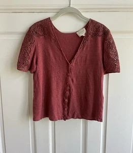 Sézane Lana 100% Linen Short Sleeve T-Shirt In Rosewood Size S Embroidery Detail - Picture 1 of 12