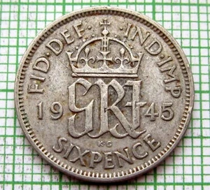 GREAT BRITAIN GEORGE VI 1945 SIXPENCE 6 PENCE, SILVER PATINA - Picture 1 of 4