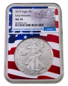 2019 Plateado American Eagle Graduado Por NGC Como MS-70 Early Liberación Flag - Imagen 1 de 4