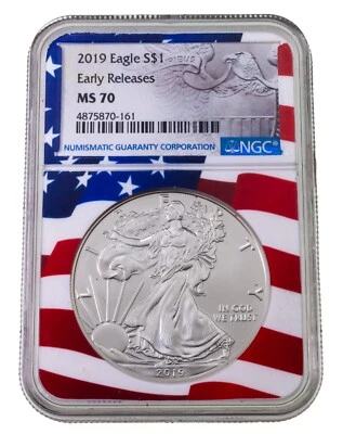 2019 Plateado American Eagle Graduado Por NGC Como MS-70 Early Liberación Flag - Imagen 1 de 4