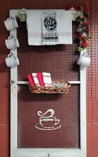 Vintage screen door coffee break decor, w cups, towles & everything in the pic.