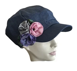 NWT Lemon • Helen’s Hats Cotton Peaked Cap BLUE DENIM Look Fabric • Flower Pin - Picture 1 of 5