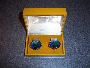 Vintage 1970er Jahre Glas ""First Nighter"" Formelles Manschettenglied Set mit Silber Netzband - Bild 1 von 2