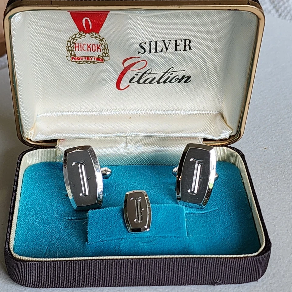Vintage Hickok Silver Citation Monogram F Bullet Cufflink Tie Pin Set Gift Box - Image 1 of 4