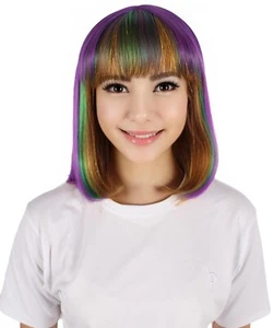 HPO Adult Women's Multicolor Mardi Grass Festival Bob Wig with Bangs, HW-7540 - Picture 1 of 8
