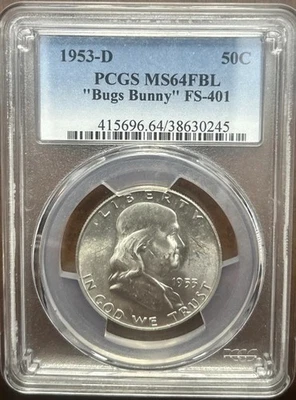 1953-D 50c PCGS MS 64 FBL FS-401 BUGS BUNNY - SILVER FRANKLIN HALF DOLLAR - Image 1 of 3