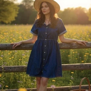 Jeanshemd Kleid Damen L Kurzarm Knopfleiste Oversize Boho Cottagecore - Bild 1 von 7