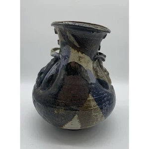 Vintage 1967 Art Pottery Double Handle Jug Vase 10” Tall Blue Purple Black OOAK - Picture 1 of 8