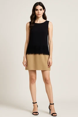 Алиса + Оливия платье черный желтовато-коричневый Sz M шелк шерсти смесь бахрома отделки Colorblock Shift - Изображение 1 из 4