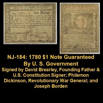 Billete de $1 de Nueva Jersey NJ-184: 1780 firmado por el firmante de la Constitución de los Estados Unidos David Brearley Foto 1 de 3