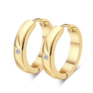 Damen Edelstahl Ohrringe Klapp-Creolen Zirkonia Gelb Gold Ohrschmuck Rhodiniert - Picture 1 of 4